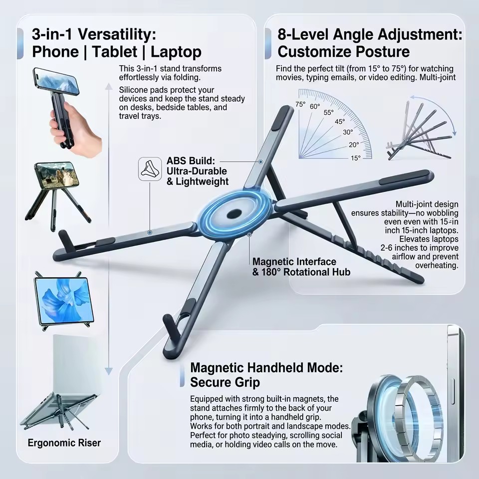 Tablet Stand Accessories - 携帯電話用マグネット式ホルダー＆自撮り棒 3-in-1 折りたたみ式三脚スタンド iPhone、iPad、タブレット、ノートパソコン、デスクトップ用