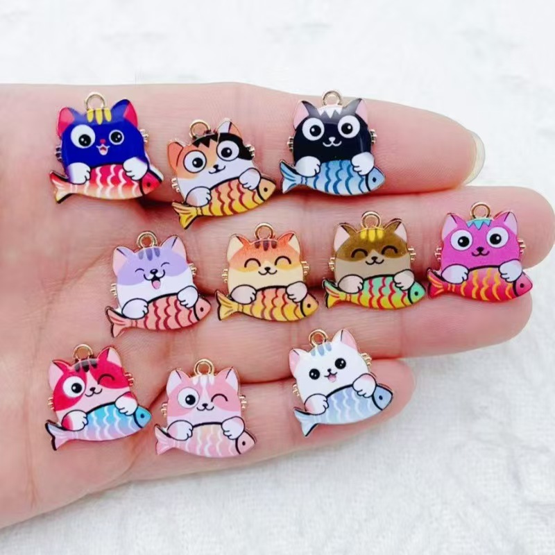 Mobile & Tablet Accessories - 10個入り クロスボーダー風 カートゥーン キュート 合金製 猫が魚を食べる