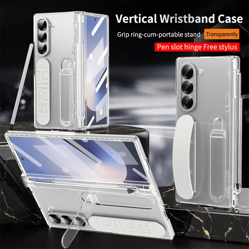 Windows Tablet Accessories - Samsung Galaxy Z Fold 7/6/5/4/3用 高級リストバンドホルダー付きヒンジ式スマホケース、ペン収納スロットとSペンスクリーンプロテクターフィルムカバー付き